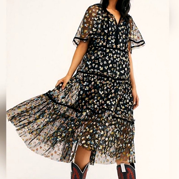 NWOT🌺 Free People Practical Magic Tiered Sheer Black Formal Maxi Dress, - Picture 6 of 10